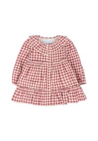 Abito a maniche lunghe a quadretti rossi e crema con colletto arricciato, chiusura a bottoni e gonna a strati. Tessuto morbido con orlo festonato.