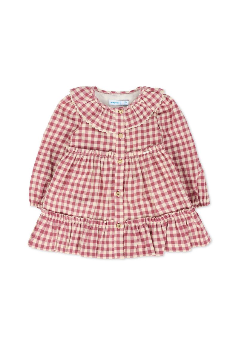 Abito a maniche lunghe a quadretti rossi e crema con colletto arricciato, chiusura a bottoni e gonna a strati. Tessuto morbido con orlo festonato.