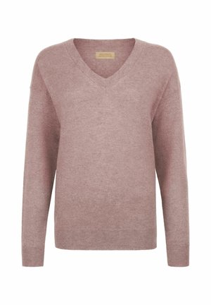 Pull à col en V en rose doux, fabriqué dans un tissu lisse. Doté de manches longues et d'un ourlet côtelé. Design simple et minimaliste sans motifs.