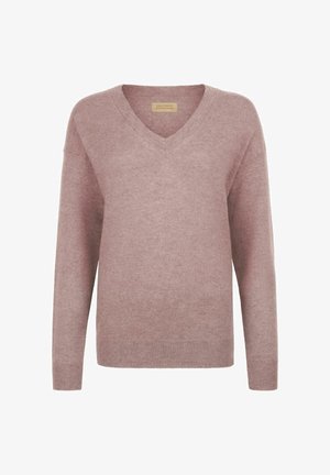 V-hals sweater i blød lyserød, lavet af et glat stof. Har lange ærmer og ribbet forneden. Simpel, minimalistisk design uden mønstre.