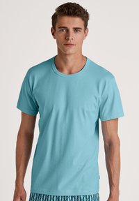 Turquoise t-shirt met korte mouwen van zacht fabric, met een ronde halslijn en een ontspannen pasvorm. Eenvoudig, effen kleur zonder patronen.