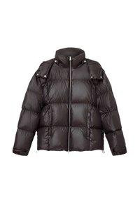 Sort pufferjakke med høj krave, quiltet design, og lynlås fortil. Har skulderknapper og elastiske manchetter for ekstra varme.