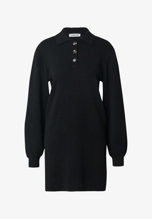 Schwarzes Strickkleid mit einem Kragen und einer Knopfleiste mit drei Knöpfen. Mit langen Puffärmeln und einem lockeren Schnitt. Weicher Stoff.