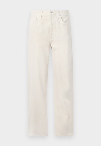 Off-white straight-leg denim jeans med fem lommer, beltehemper og en knapp- og glidelås lukking i midjen.