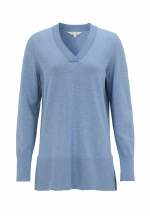 Lyseblå, langærmet strikket sweater med V-udskæring, ribstrikkede ærmekanter og bred ribstrikket kant med sideslidser.