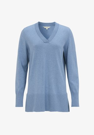 Hellblauer, langärmeliger Strickpullover mit V-Ausschnitt, gerippten Bündchen und weitem, geripptem Saum mit seitlichen Schlitzen.