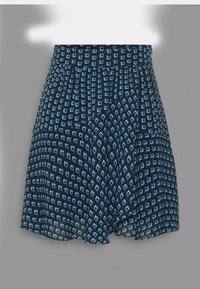Blauwe en zwarte shorts met een geometrisch patroon. Gemaakt van lichte stof, met een elastische tailleband en een flared snit.