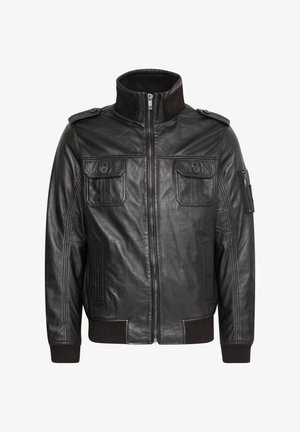 Schwarze Lederjacke mit durchgehendem Reißverschluss, geripptem Kragen, zwei vorderen Klapptaschen und einer seitlichen Tasche mit Reißverschluss. Mit Schulterklappen.