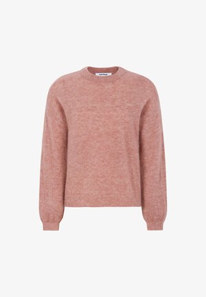 Pull en tricot rose clair, col rond, manches longues, poignets et ourlet côtelés, texture douce, design minimaliste avec des variations de couleur subtiles.
