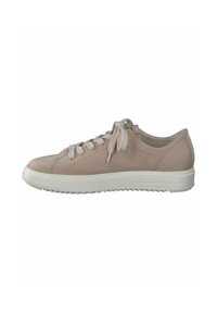 Baskets en cuir rose clair avec bout arrondi, semelle en caoutchouc blanc plat et lacets assortis. Présente des coutures minimales et de subtiles perforations.