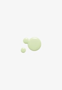 Trois gouttelettes de liquide vert pâle de tailles différentes sur un fond blanc, la plus grande goutte étant attachée à une goutte moyenne.