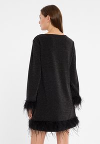 Zwarte jurk met metallic glans, voorzien van lange mouwen en zwarte veren details bij de manchetten en de zoom. Eenvoudig, losvallend ontwerp.