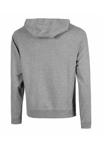 Grauer Kapuzenpullover mit langen Ärmeln, weichem Material und gerippten Bündchen und Saum. Die Rückansicht zeigt ein schlichtes, unverziertes Design.