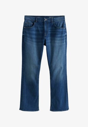 Jean boot-cut en denim bleu foncé, avec une finition délavée, cinq poches, une taille avec passants et une fermeture à bouton classique.