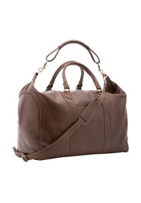 Bruine leren sporttas met dubbele handgrepen en verstelbare schouderriem. Kenmerkt zichtbare stiksels en een slanke, afgeronde vorm.