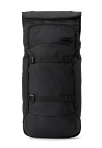Black fabric backpack with a roll-top design, adjustable straps, and two side buckles. Smooth texture with minimal accents and a simple logo.