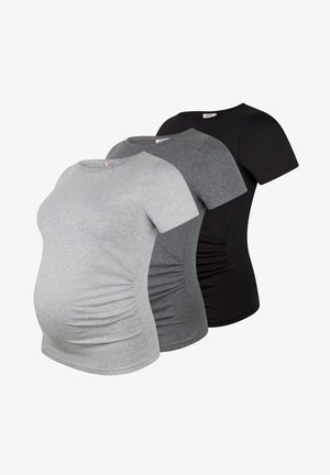 Tre magliette premaman in grigio chiaro, grigio scuro e nero. Tessuto di cotone, collo a giro, maniche corte, con lati arricciati per una vestibilità migliore.