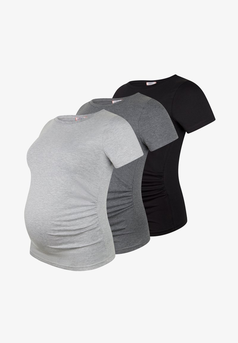 Drie zwangerschapsshirts in lichtgrijs, donkergrijs en zwart. Katoenen stof, ronde hals, korte mouwen, met geplooide zijkanten voor een goede pasvorm.