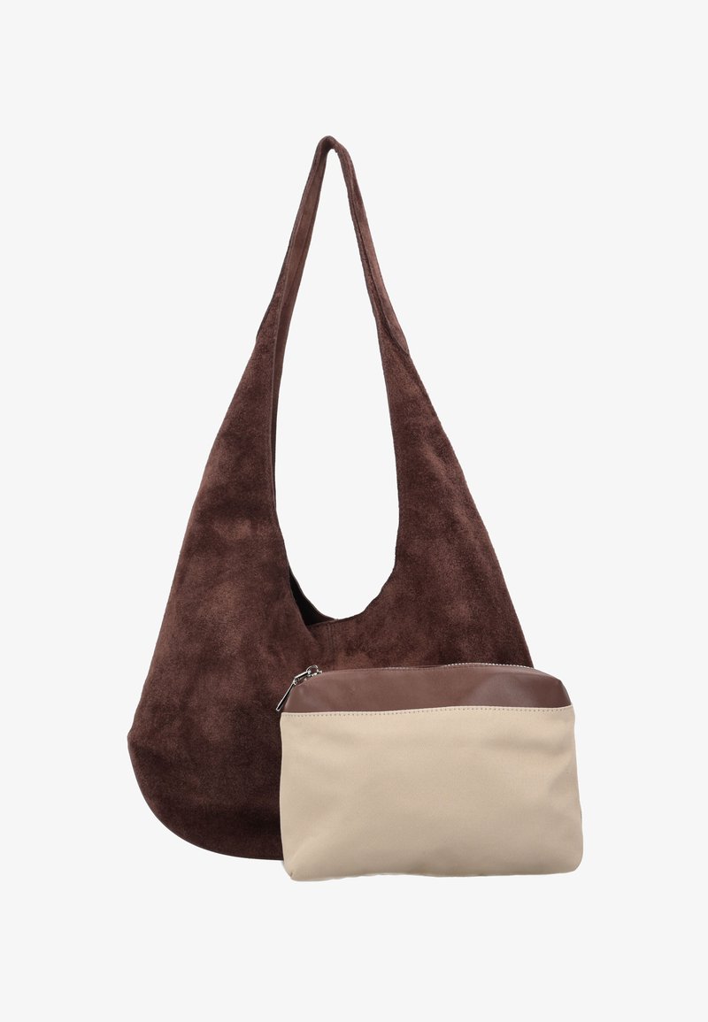 Sac à bandoulière en daim marron avec une large sangle et une pochette zippée beige séparée ornée d'une bordure en cuir marron.