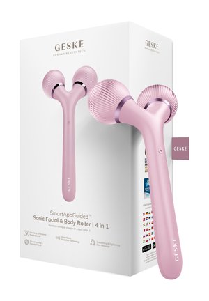 Rouleau facial et corporel à double bille rose avec texture côtelée, présenté à côté d’un emballage blanc portant la mention « GESKE » et les caractéristiques du produit.