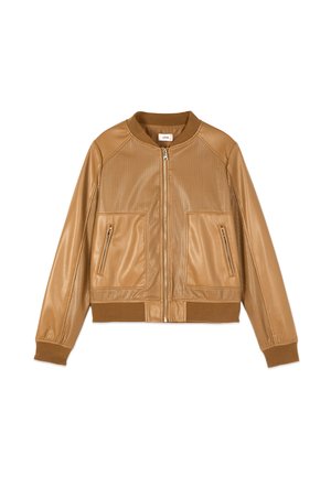 Bruine leren bomberjack met geperforeerde panelen, ritssluiting aan de voorkant, twee zakken met rits en geribbelde boorden en kraag.