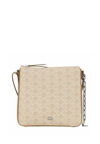 Borsa a tracolla beige con un motivo geometrico, dotata di chiusura con zip, dettagli in pelle e tracolla in catena argentata.