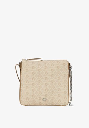 Borsa a tracolla beige con un motivo geometrico, dotata di chiusura con zip, dettagli in pelle e tracolla in catena argentata.