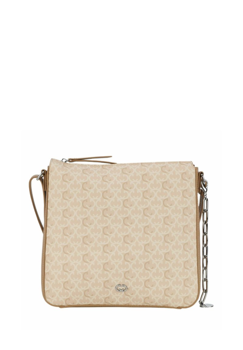 Borsa a tracolla beige con un motivo geometrico, dotata di chiusura con zip, dettagli in pelle e tracolla in catena argentata.