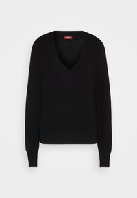 Schwarzer Strickpullover mit tiefem V-Ausschnitt, langen Ärmeln, gerippten Bündchen und einer taillierten Taille. Glatte Textur ohne Muster.