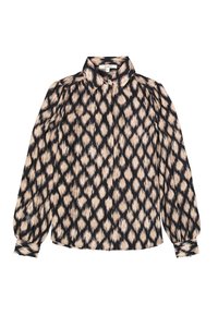 Blouse à manches longues en noir et beige avec un motif en losanges, dotée d'un col classique et de détails froncés aux épaules. Texture de tissu douce.