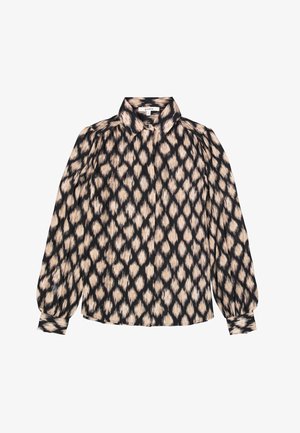 Langarmbluse in Schwarz und Beige mit einem Diamantmuster, klassischem Kragen und gerafftem Schulterdetail. Weicher Stoff.