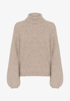 Beige turtleneck sweater lavet af blødt, struktureret stof. Har lange, voluminøse ærmer og et ribbet mønster gennem hele trøjen.