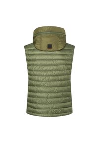 Olivgrüne ärmellose Pufferweste mit einem gesteppten Muster und Kapuze. Verfügt über eine Reißverschlusstasche auf der Rückseite und glattes, glänzendes Material.