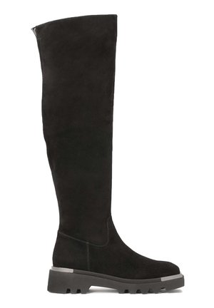 Black suede over-the-knee boot with a chunky rubber sole, clean lines, and minimalistic design. Features a smooth texture and no visible hardware.