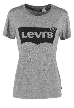 Szara koszulka z krótkim rękawem i okrągłym dekoltem, z dużym czarnym logo Levi's na środku klatki piersiowej.