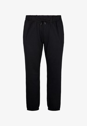 Black jogger pants made of soft fabric with an elastic waistband, drawstring closure, and tapered cuffs. Simple design, no patterns or accents.