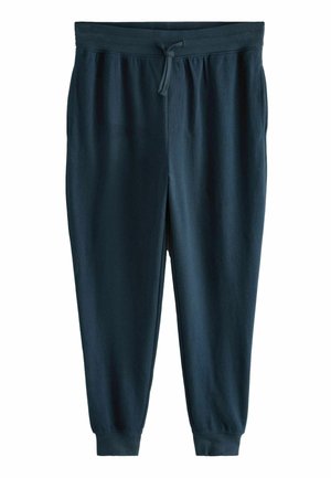 Pantalones de chándal azul marino hechos de un material suave y elástico, con una cintura elástica y cordón de ajuste, y puños ajustados.