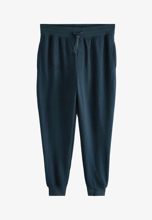 Navy blue sweatpants made of soft, stretchy material, featuring an elastic waistband with a drawstring and tapered cuffs.