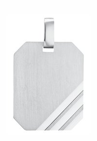 Borstad silverhänge med en oktagonal form, som har en slät yta och tre diagonala ränder i vitt och svart längst ner.