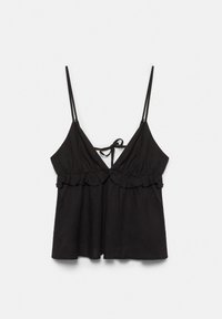 Top camisole noir sans manches avec fines bretelles, encolure en V, détail à volants sous la poitrine et petit nœud au centre devant.