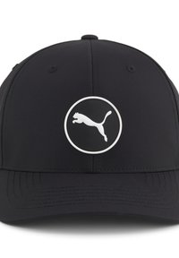 Fekete baseball sapka sima anyagból, elülső részén egy középre helyezett ugró macskát ábrázoló fehér logóval. Hatpaneles kialakítás.