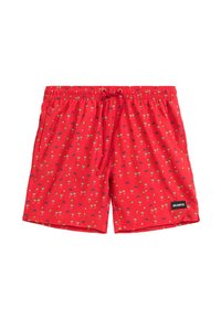 Czerwone szorty kąpielowe z wiązaniem w talii posiadają wzór z koktajlami i elementami imprezowymi. Wykonane z lekkiego, szybko schnącego materiału.