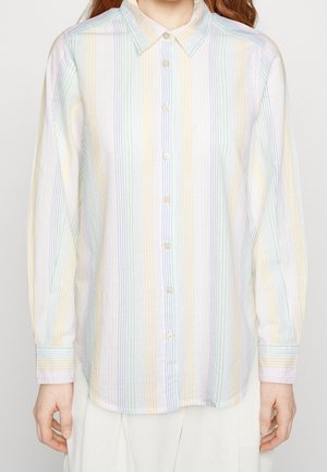 Personne portant une chemise à manches longues boutonnée avec des rayures verticales pastel en bleu, jaune et vert sur fond blanc.