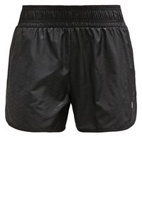 Czarne krótkie spodenki sportowe z elastycznym pasem, ozdobione subtelnym wzorem w jodełkę i gładką, lekką tkaniną. Wykończone detalem z logo.