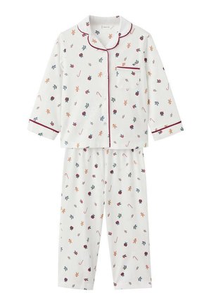 Ensemble de pyjama blanc composé d'un haut à boutons et d'un pantalon, orné de motifs floraux colorés et de pain d'épice, bordé de finition bordeaux.