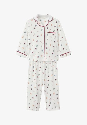 Witte pyjama set met een knoopsluiting bovenstuk en broek, versierd met kleurrijke bloemen- en peperkoekpatronen, afgewerkt met kastanjebruine randen.