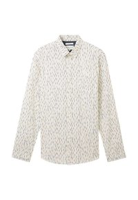 Chemise à manches longues avec boutonnière en crème, présentant un motif de fines rayures diagonales en marine et noir. Le tissu est lisse avec un col classique.