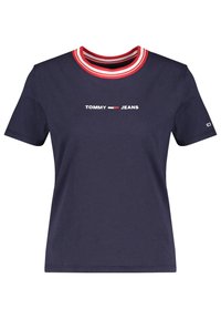 Námořnická modrá bavlněná tričko s kulatým límcem červeno-bílých pruhů. Na hrudi nápis "TOMMY JEANS" v bílé barvě. Krátké rukávy.