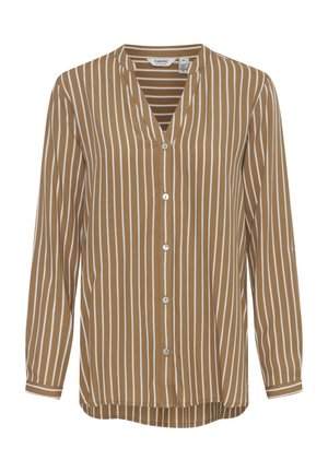 Brūns un balts svītrots garo piedurkņu krekls ar V-veida kaklu, pogu aizdari un brīvu piegriezumu. Mīksta auduma un viegla dizaina.