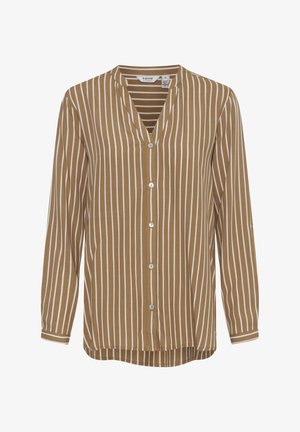 Brūns un balts svītrots garo piedurkņu krekls ar V-veida kaklu, pogu aizdari un brīvu piegriezumu. Mīksta auduma un viegla dizaina.